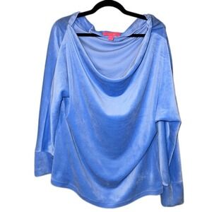 Lilly Pulitzer Velour Pullover Women XXL Blue Cowl Neck Y2K Preppy Athleisure